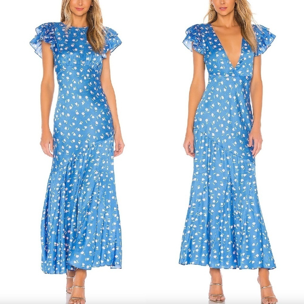 Saylor Jen Blue Floral Polka Dot Maxi Dress Extra Small